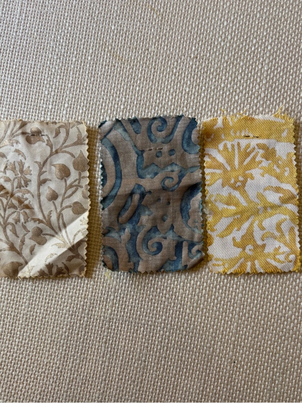 Three Fortuny vintage fabric swatches